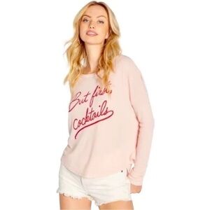 Wildfox Pink But First Cocktails Pullover Top Crewneck Sweatshirt Raglan Small